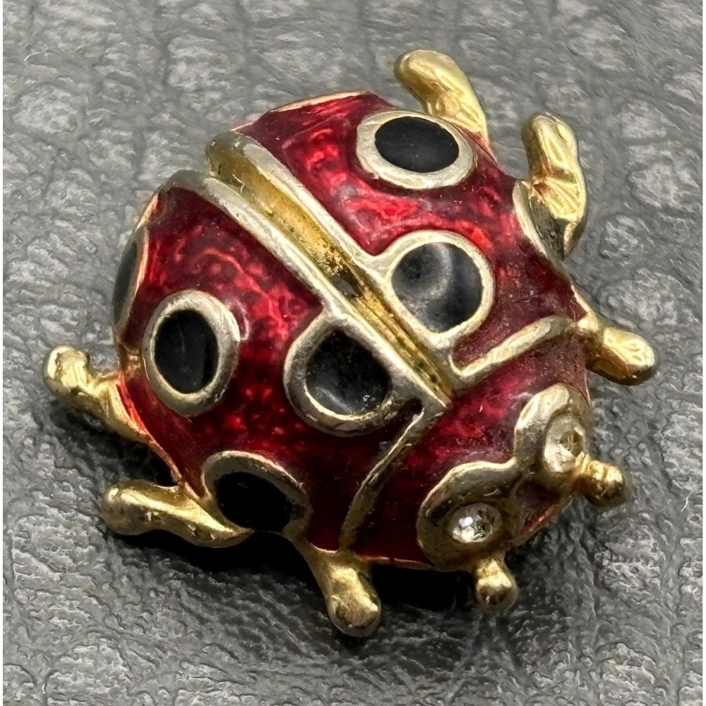 Vintage Small Ladybug Brooch Lapel Pin Red Enamel Rhinestone Crystal Gold Tone